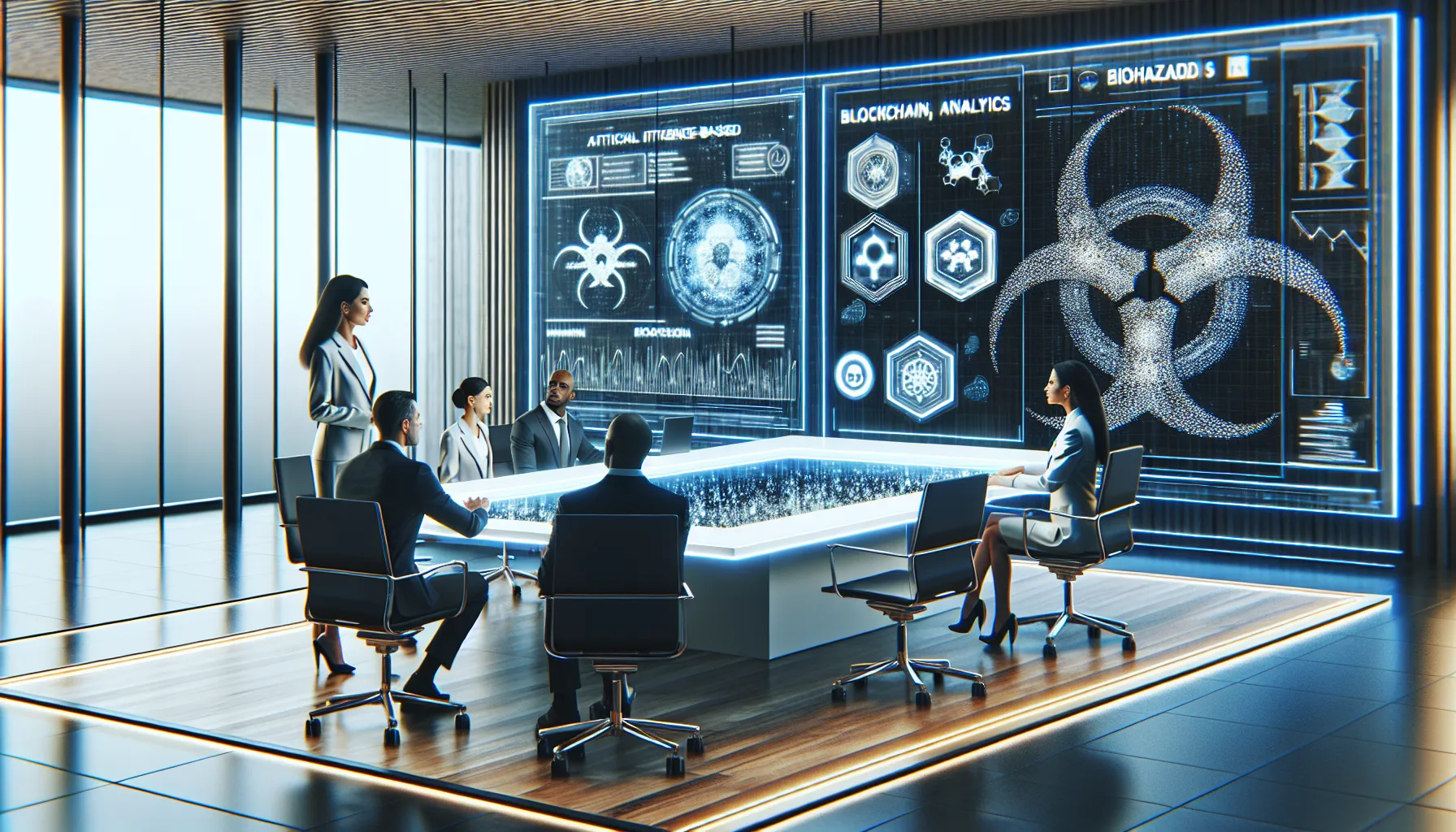 Professionals discussing biohazard technology in a modern office.