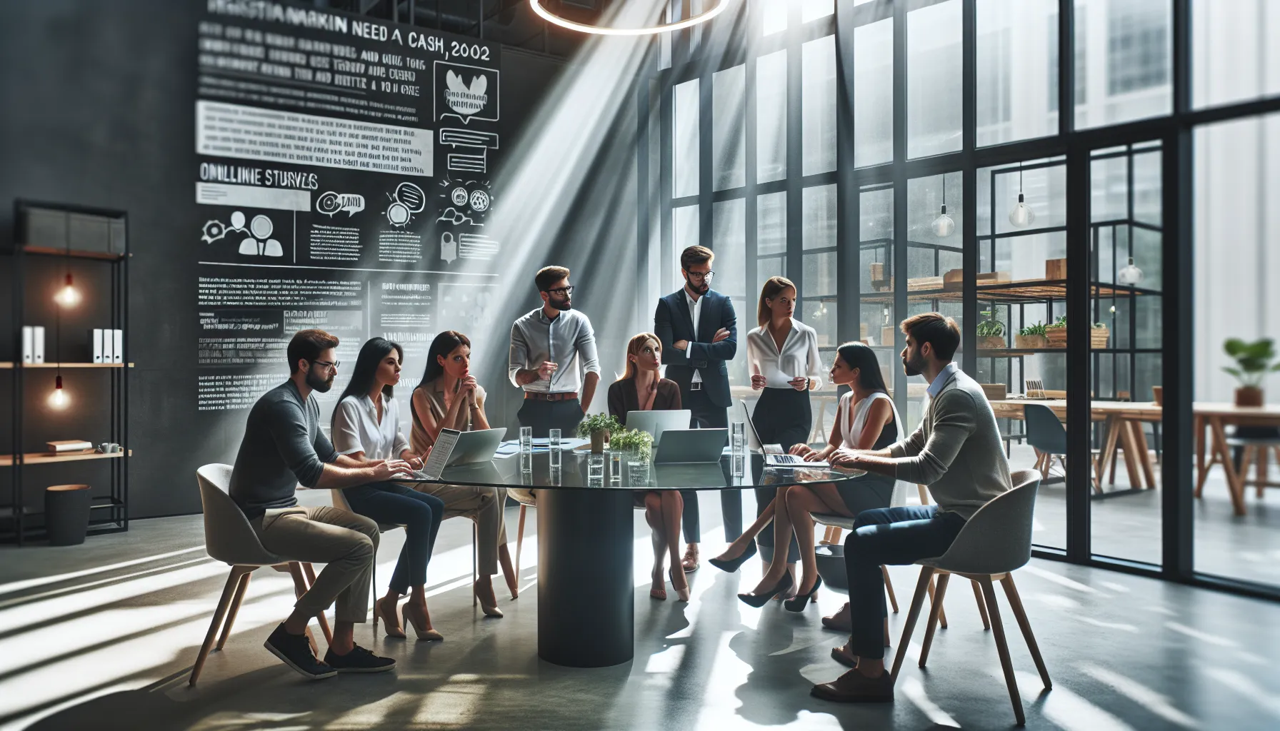 diverse professionals discussing financial narratives in a modern workspace.