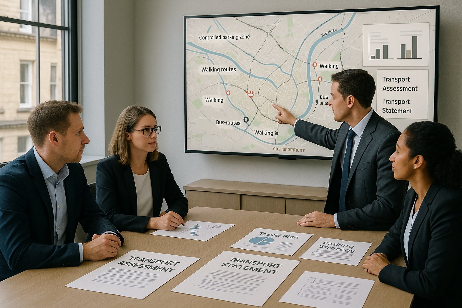 Transport planning team reviewing Bath development assessment requirements in a modern office.