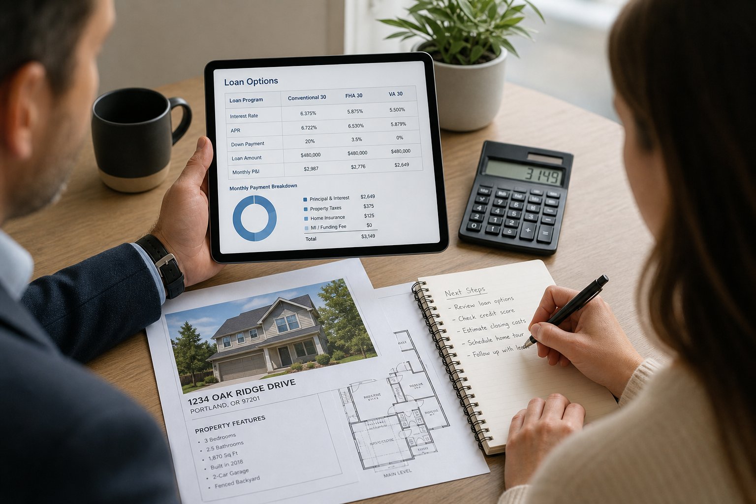 Broker explaining commercial mortgage figures on a tablet to a client at a desk.