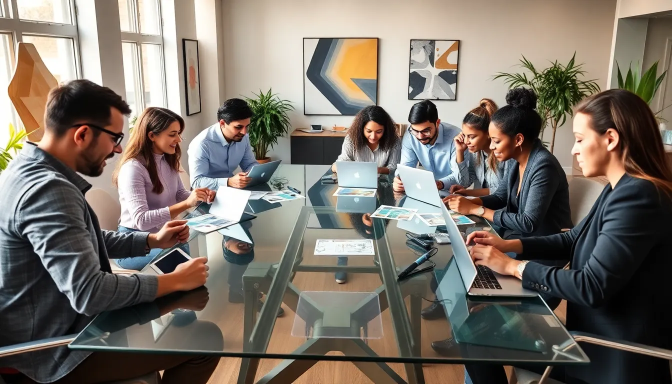 diverse team of content creators collaborating in a modern office.