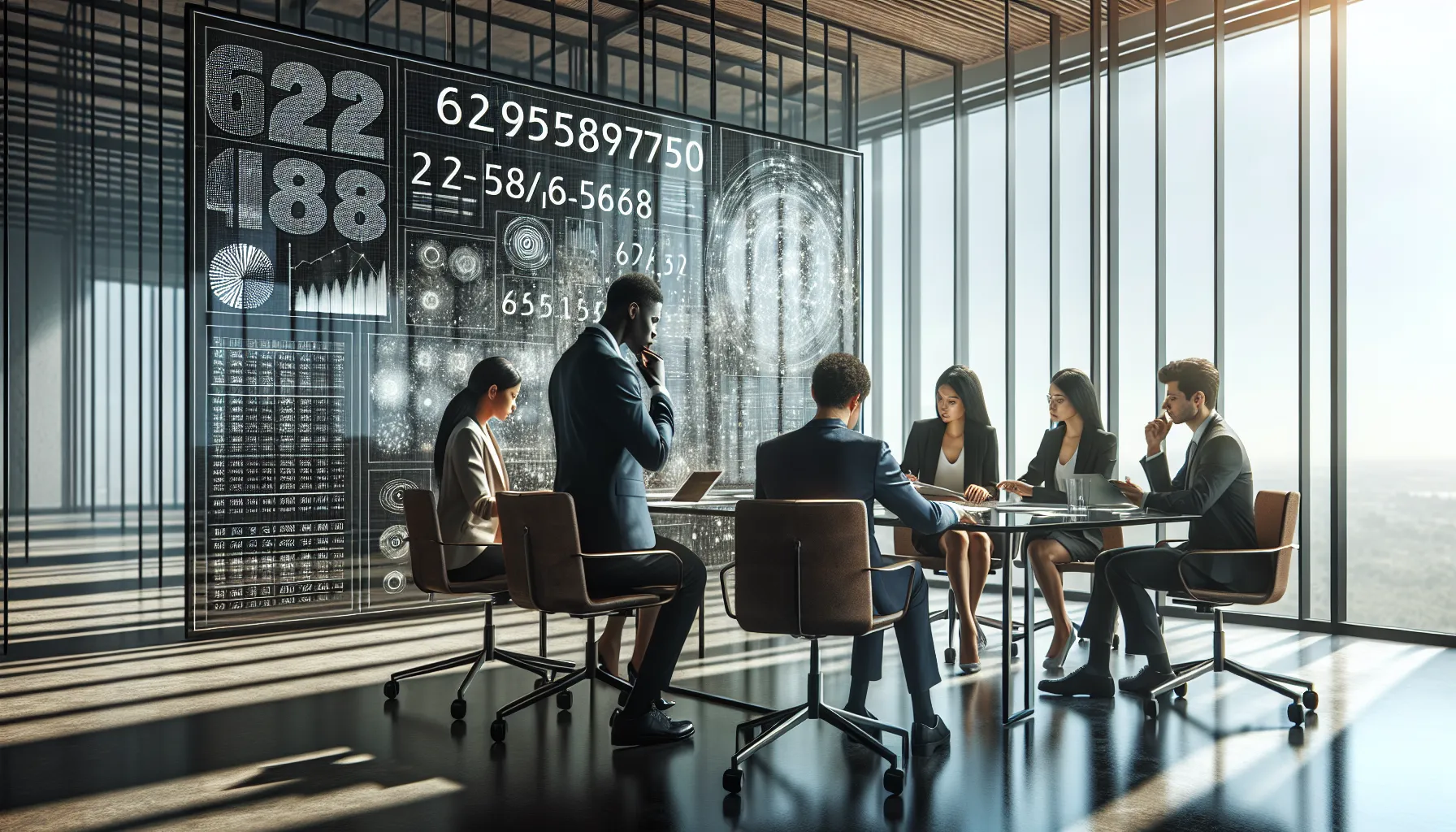 professionals discussing the implications of numbers in a modern office.