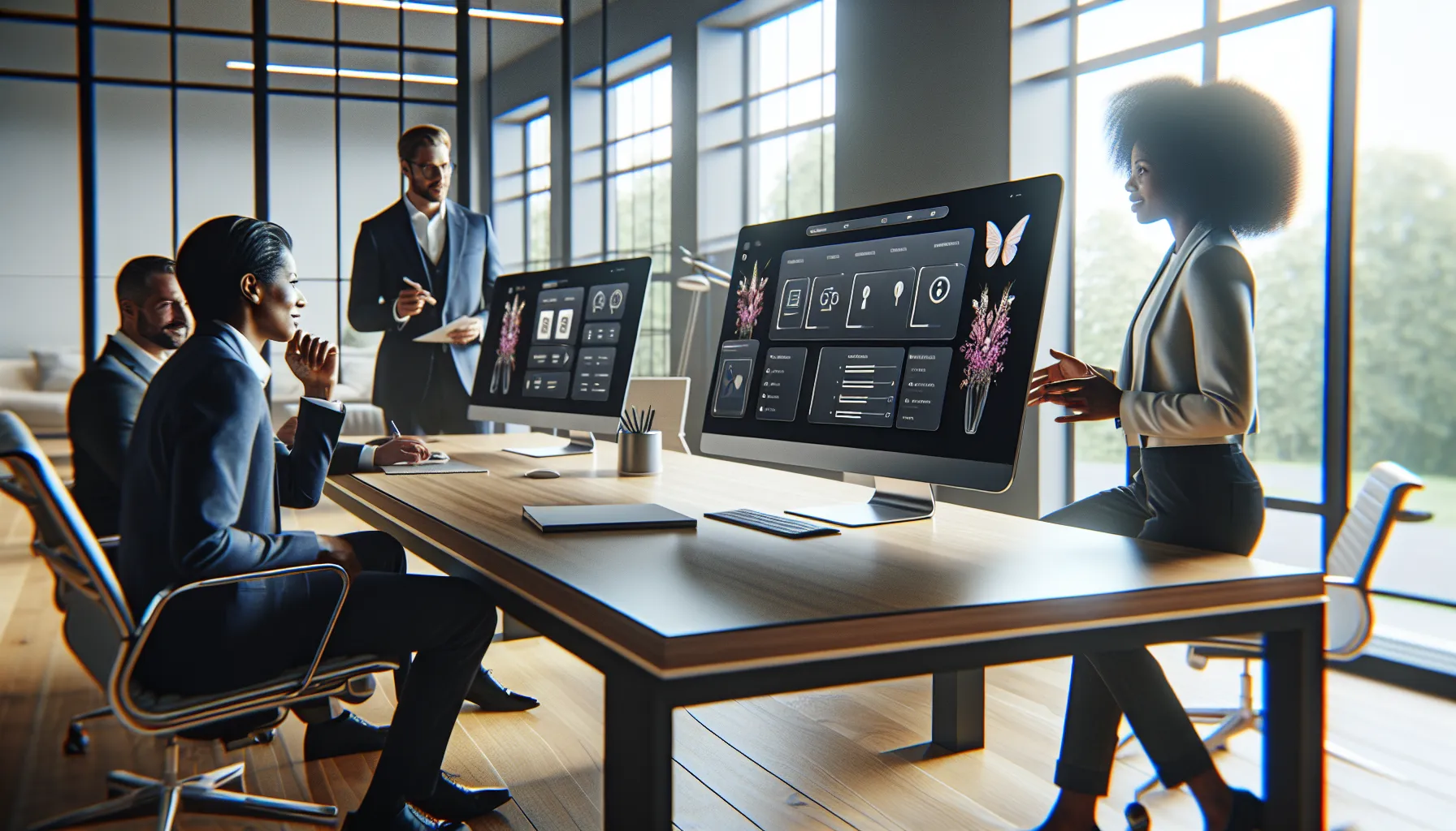 diverse professionals collaborating on Widdeadvi software in a modern office.