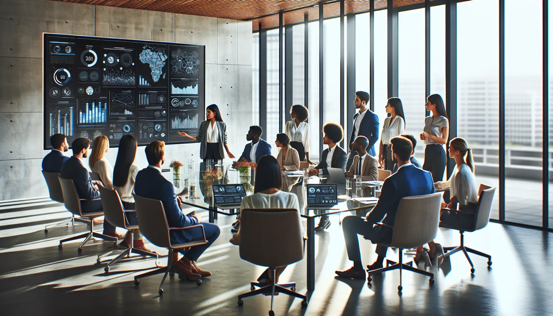 diverse professionals collaborating in a modern office on digital strategies.