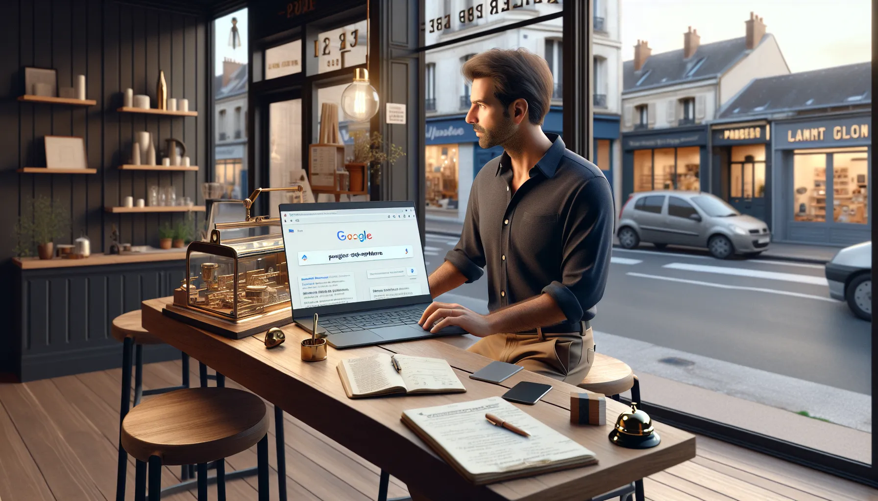 Nogent-sur-Marne shop owner checking strong local Google visibility on laptop.