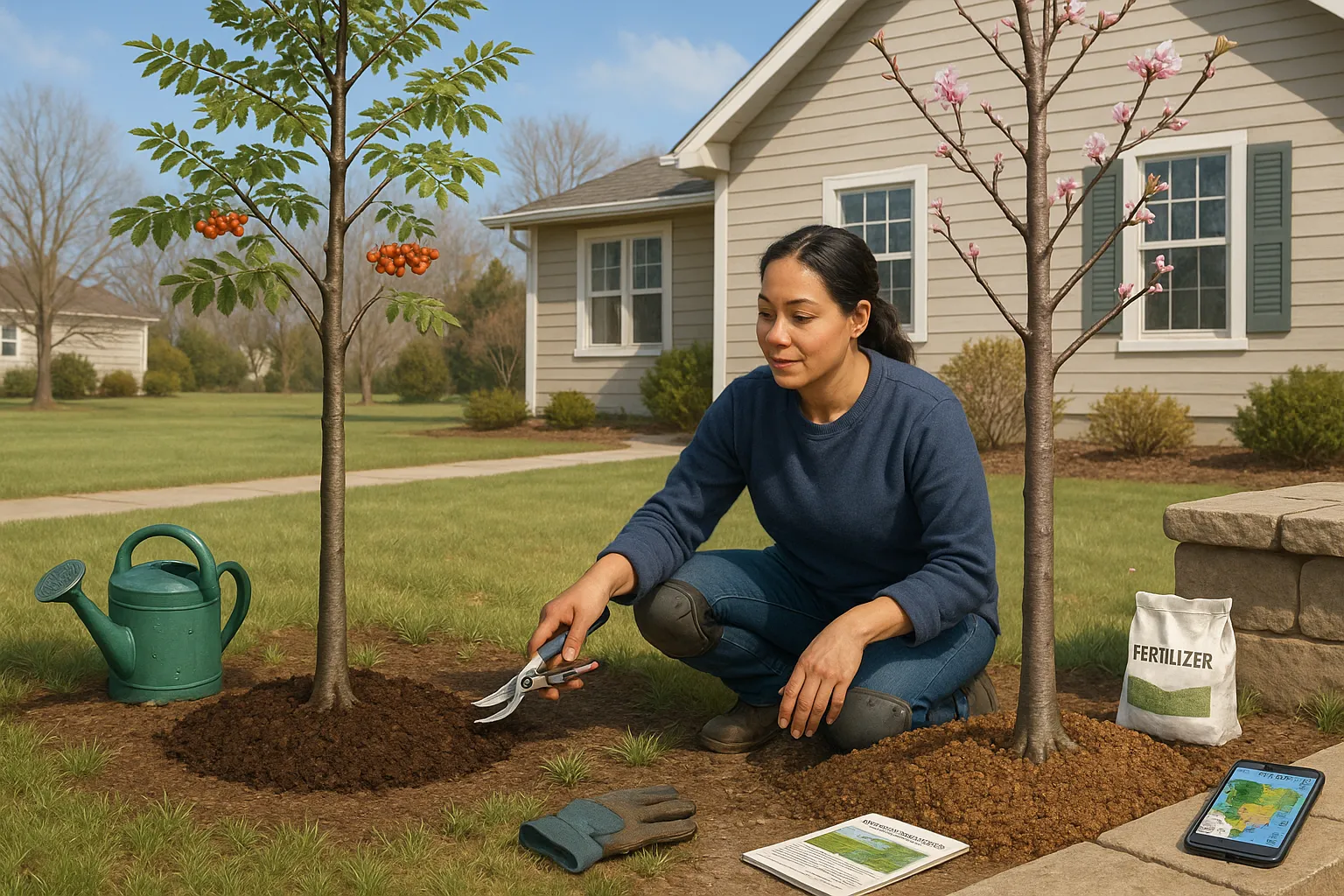 Gardener tending a rowan and an ornamental cherry side by side in a yard.