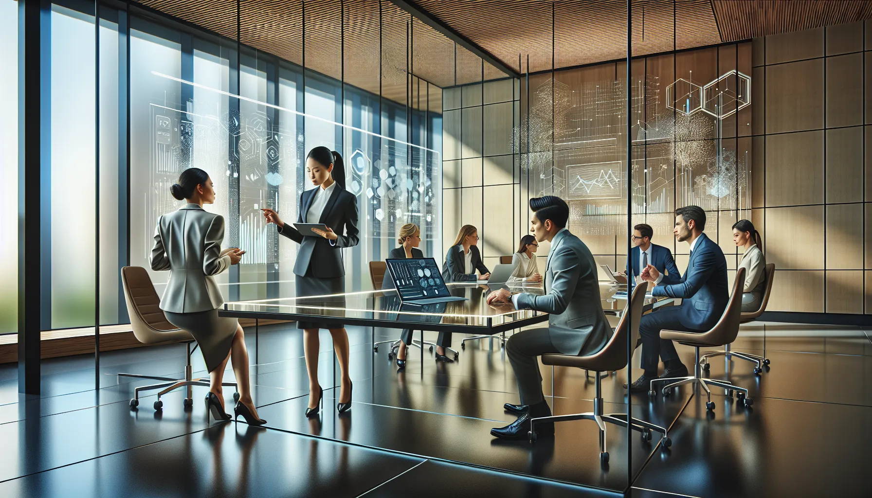 diverse team discussing digital data in a modern office.