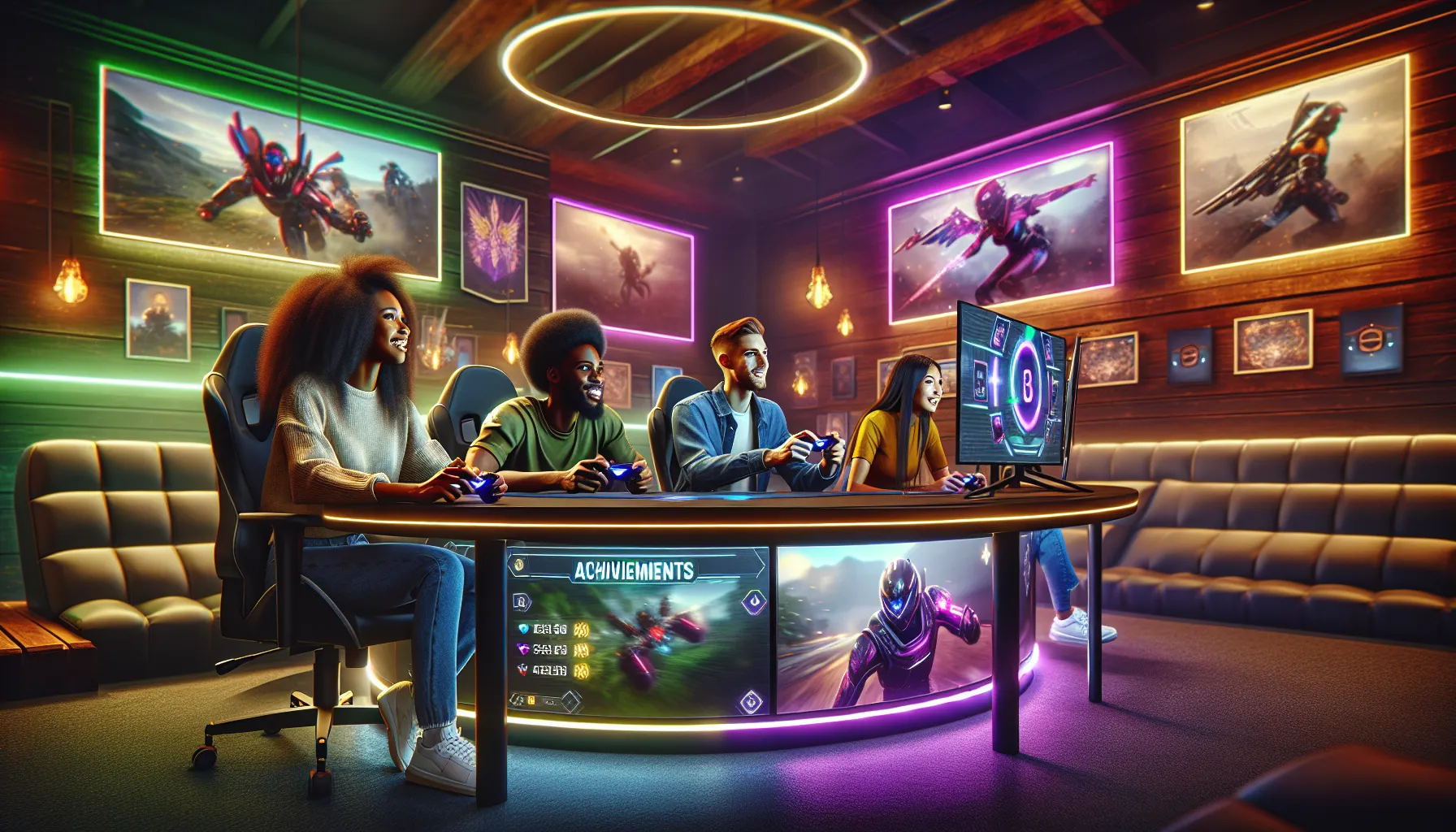 diverse group celebrating gaming achievements in a modern lounge.