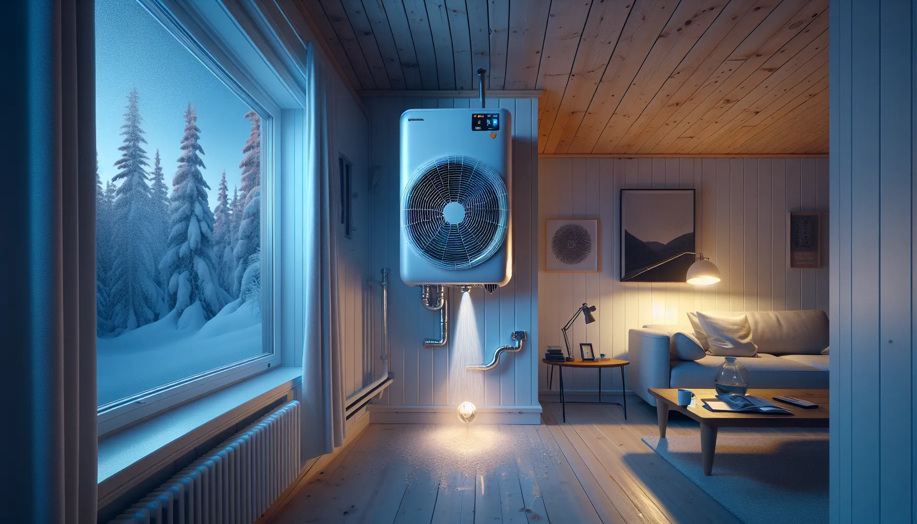 Air-to-air heat pump warming a norwegian home during frigid, snowy evening.