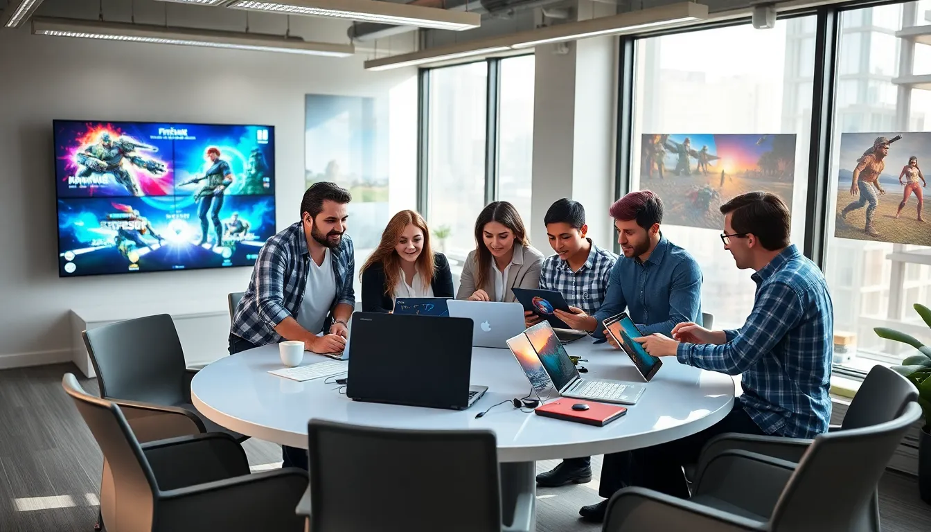 diverse game developers collaborating in a modern office setting.