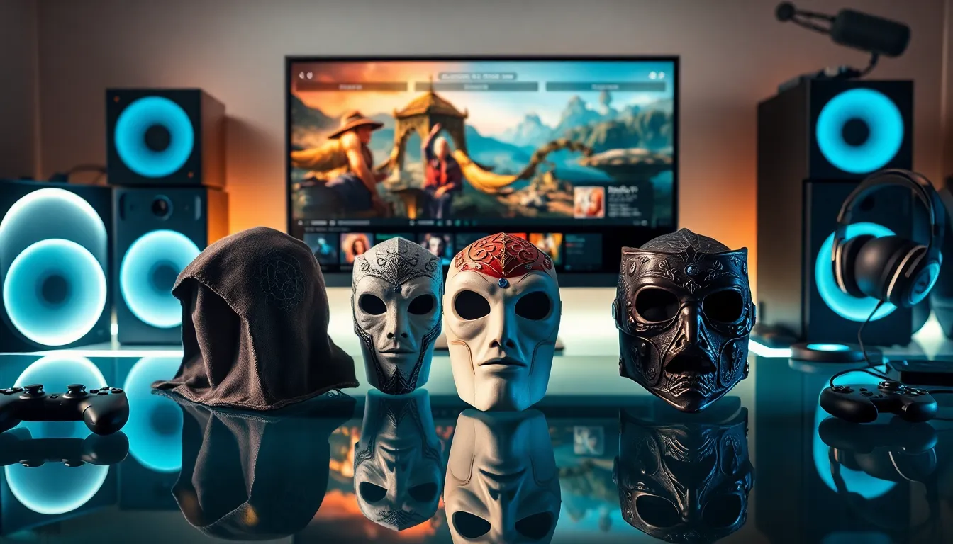 variety of Skyrim face masks displayed on a gaming desk.