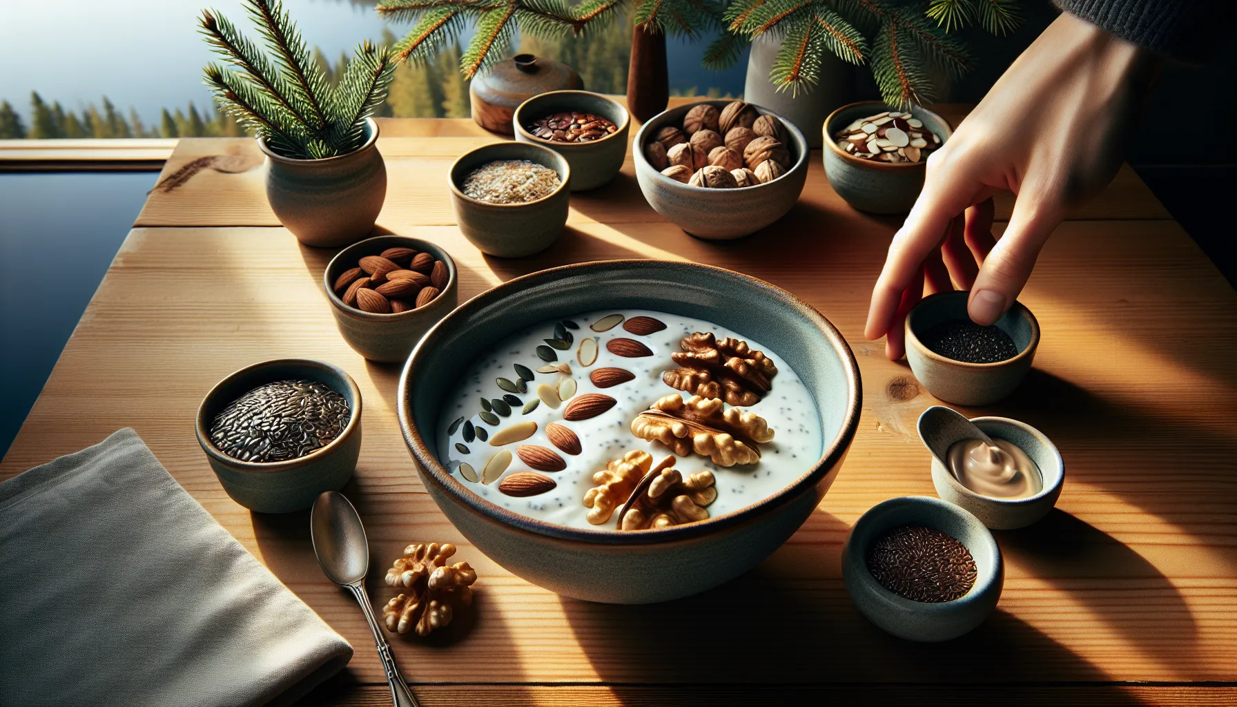 Fordelene med å spise mer nøtter og frø 2 Norwegian breakfast bowl topped with mixed nuts and seeds in sunlight.