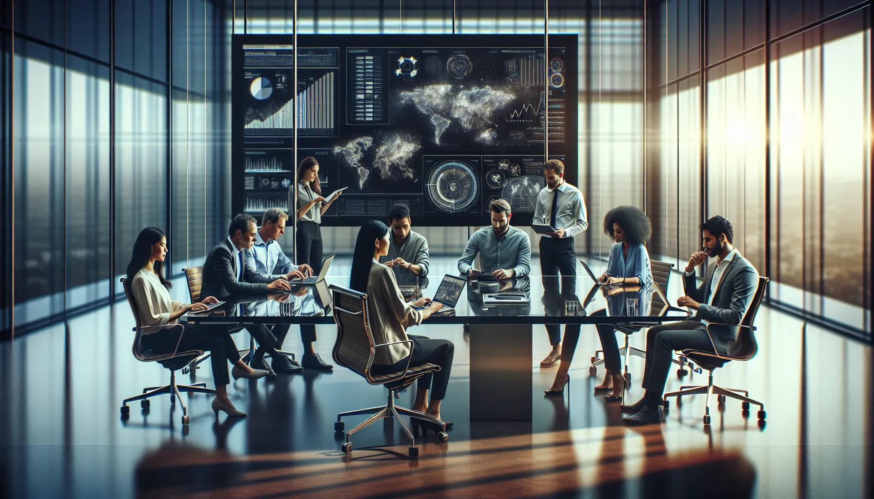 diverse team collaborating in a modern digital workspace.