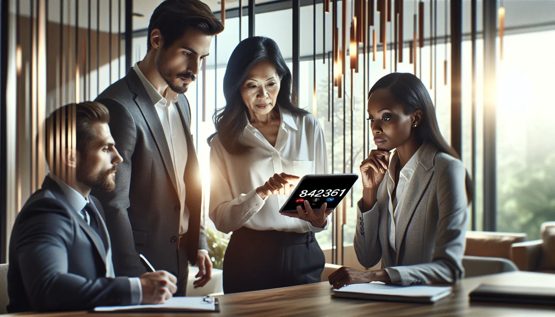 diverse professionals discussing scam calls in a modern office.