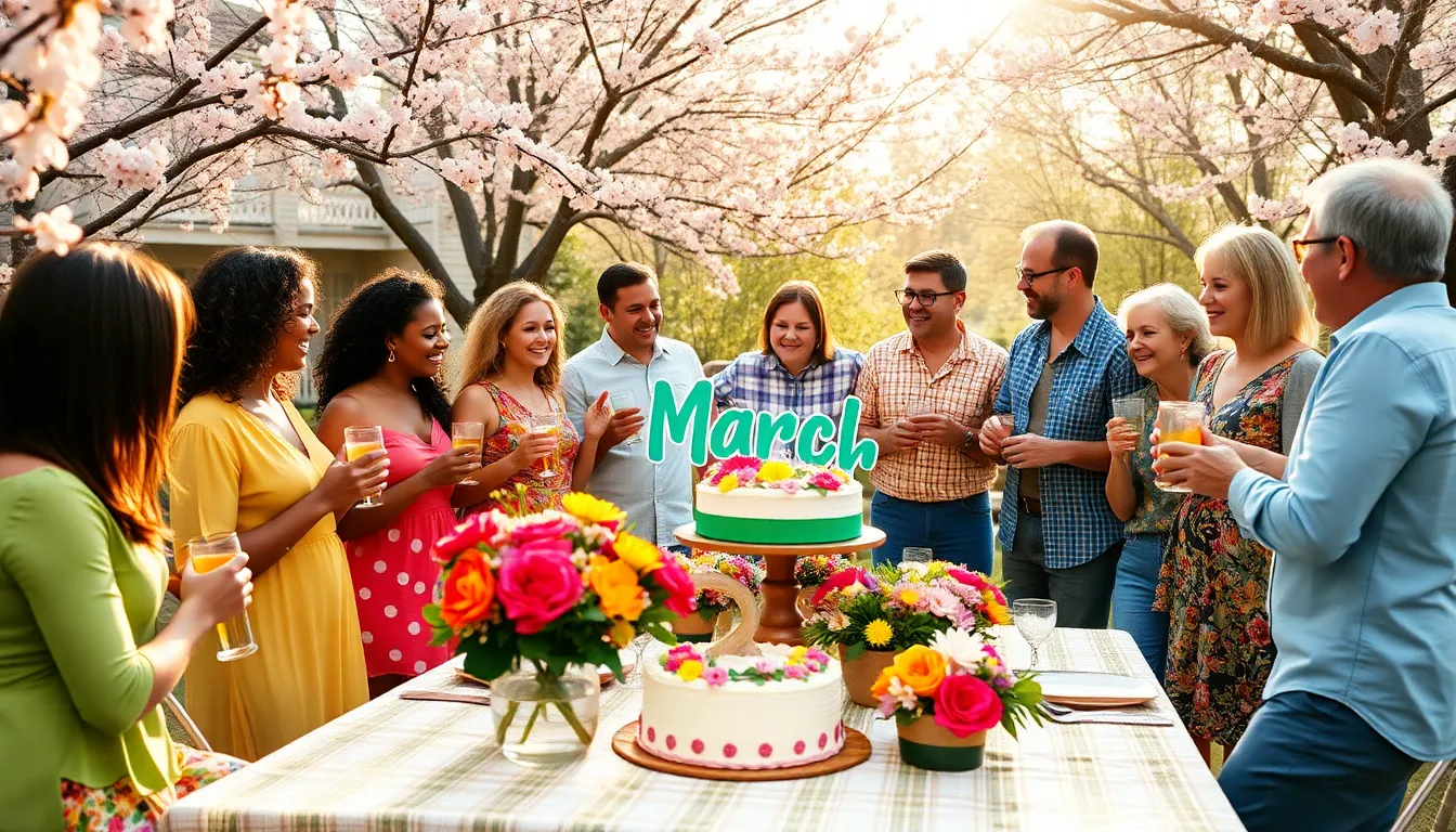 diverse friends celebrating a birthday outdoors in spring.
