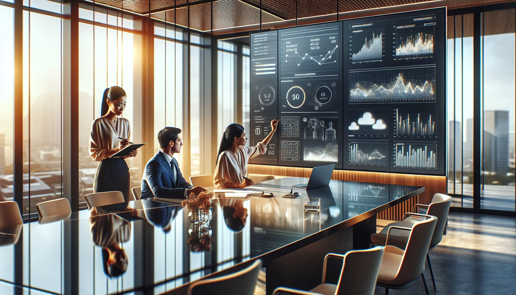 professionals collaborating in a modern office with data visualization and affirmations.