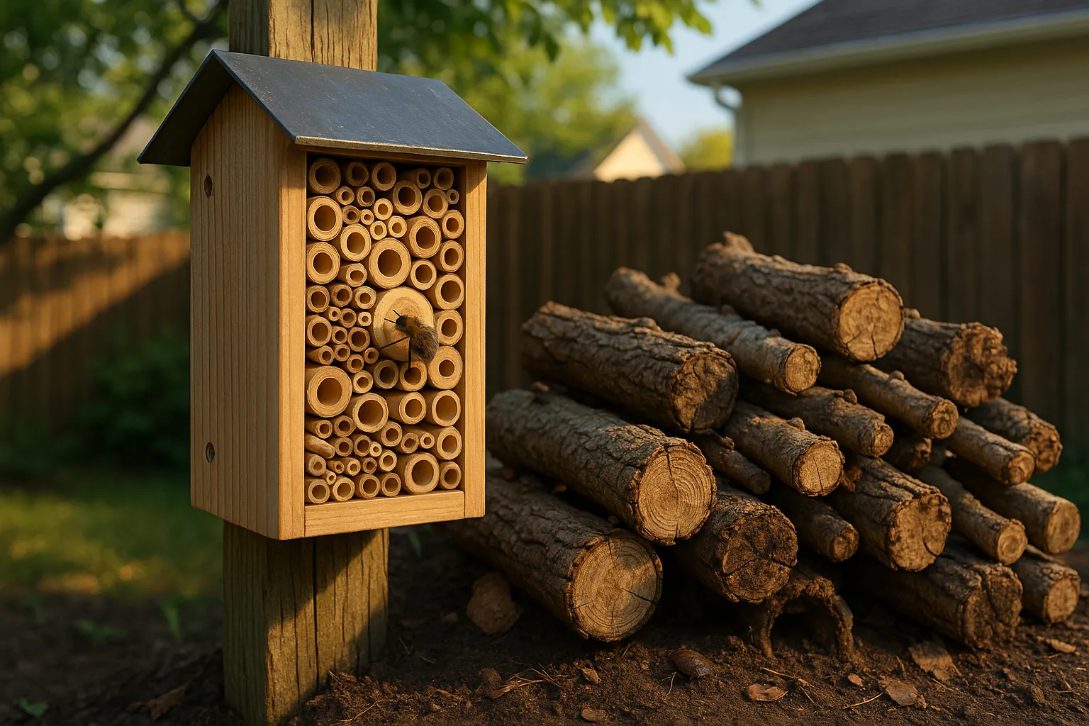 bee hotel mounted on a fence beside a mixed log pile in morning light
