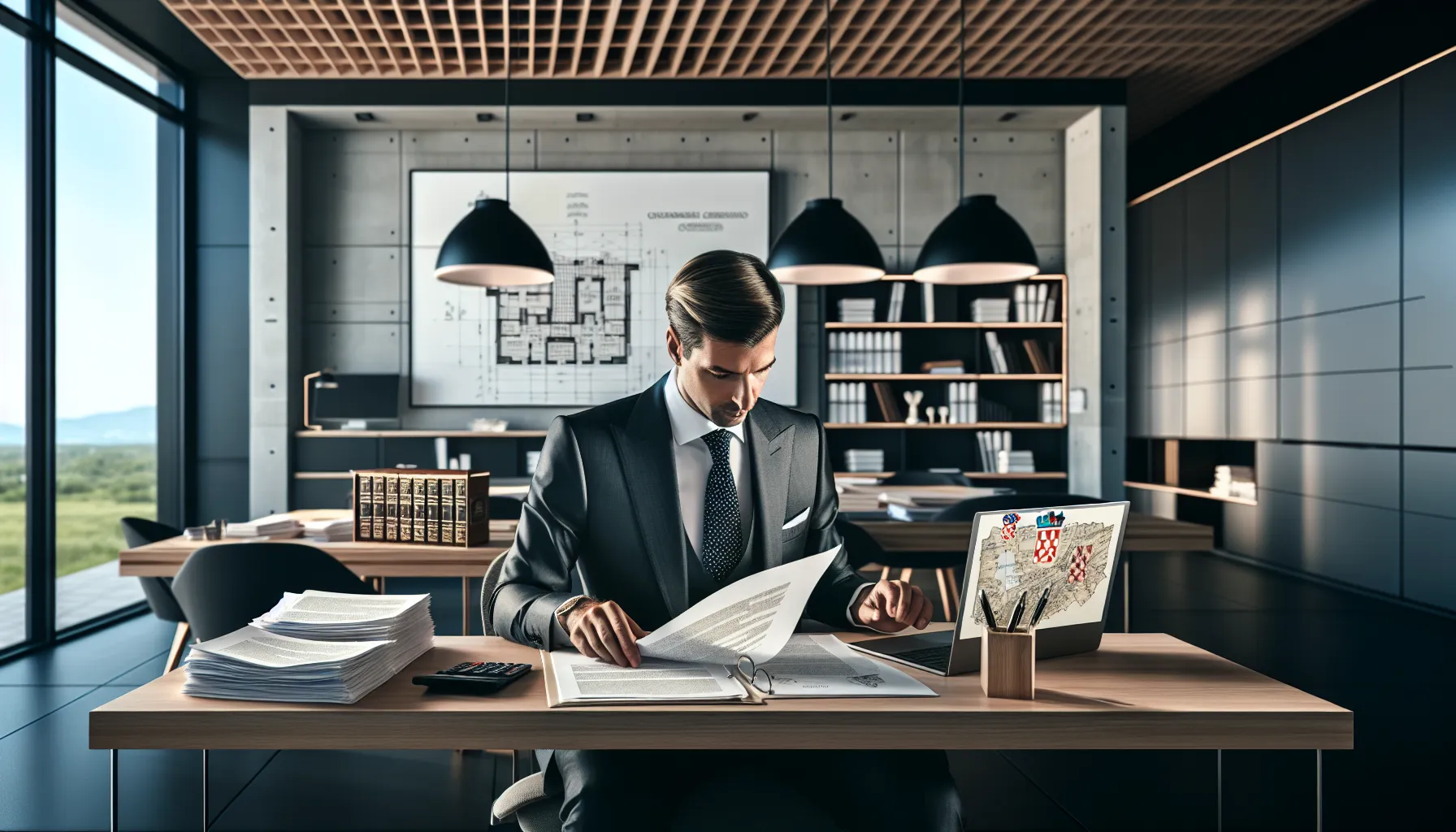 Croatian legal professional reviewing property ownership documents at modern office desk