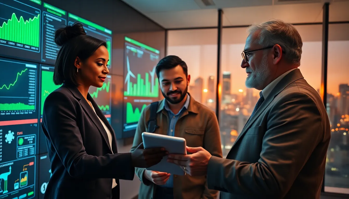 a team analyzing energy efficiency data in a modern control room.