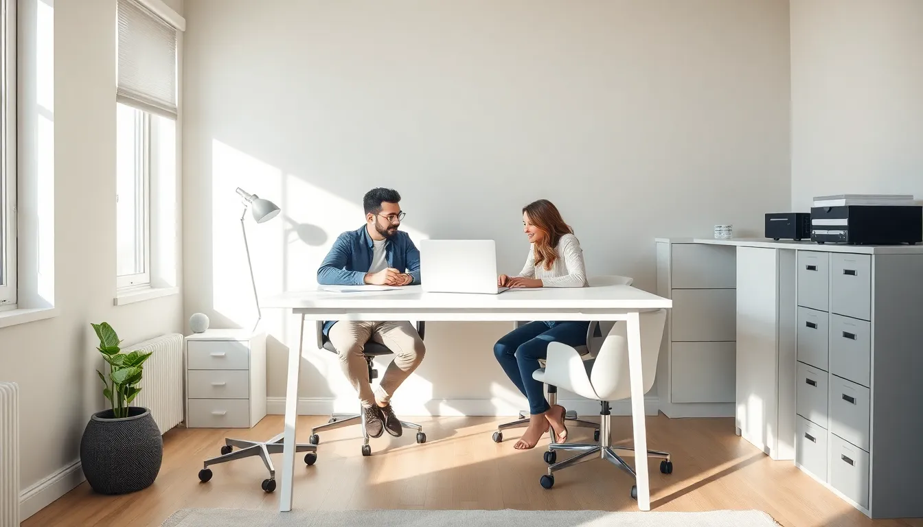 two professionals collaborating at a modern two-person desk in a home office.