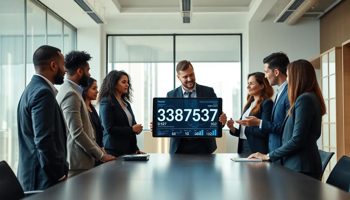 diverse team discussing data in a modern office setting.