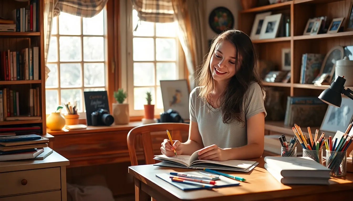 young woman engaged in creativity at a sunny desk.