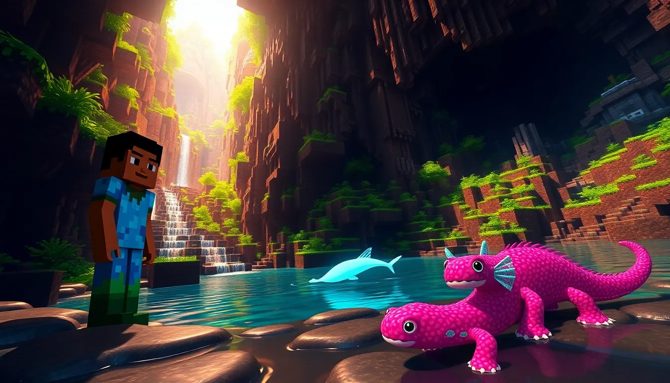 A player observing a colorful Minecraft cave scene with a Glow Squid and axolotl.