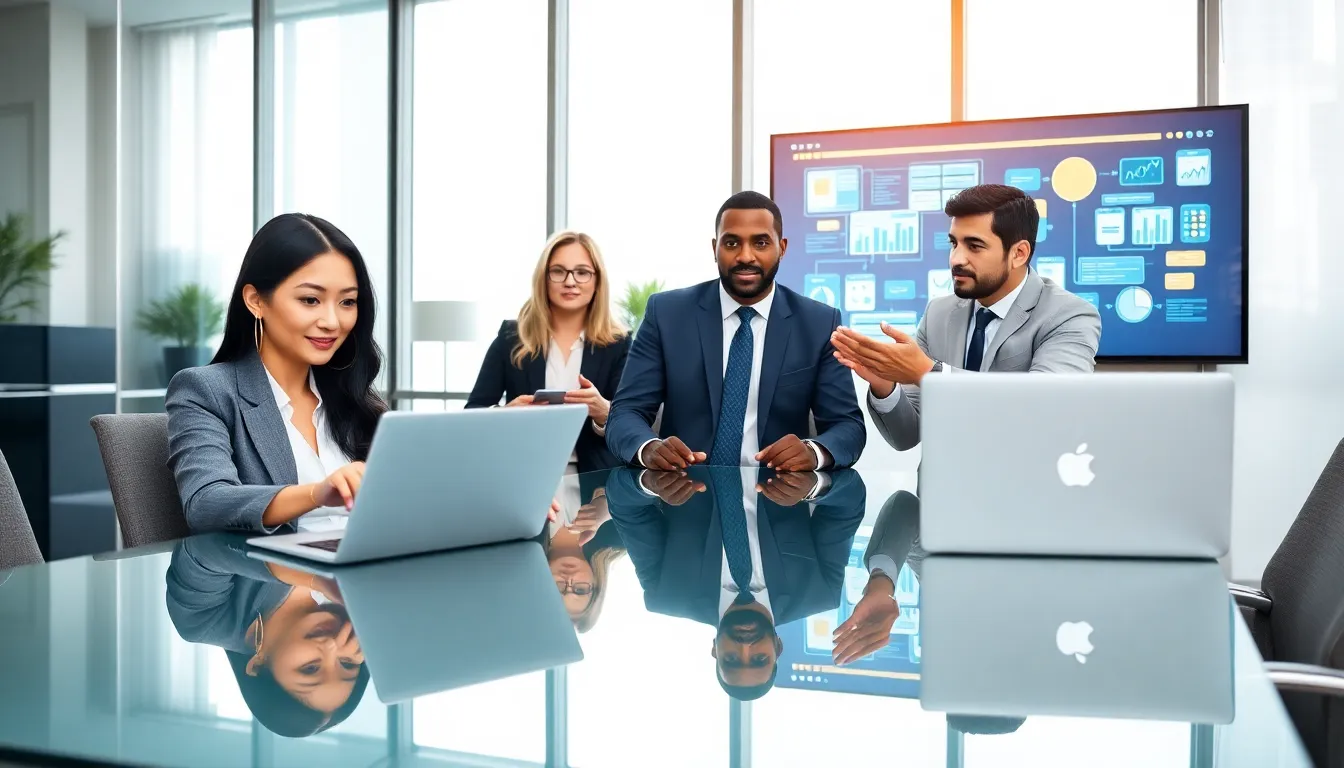 diverse team collaborating on digital marketing strategies in a modern office.