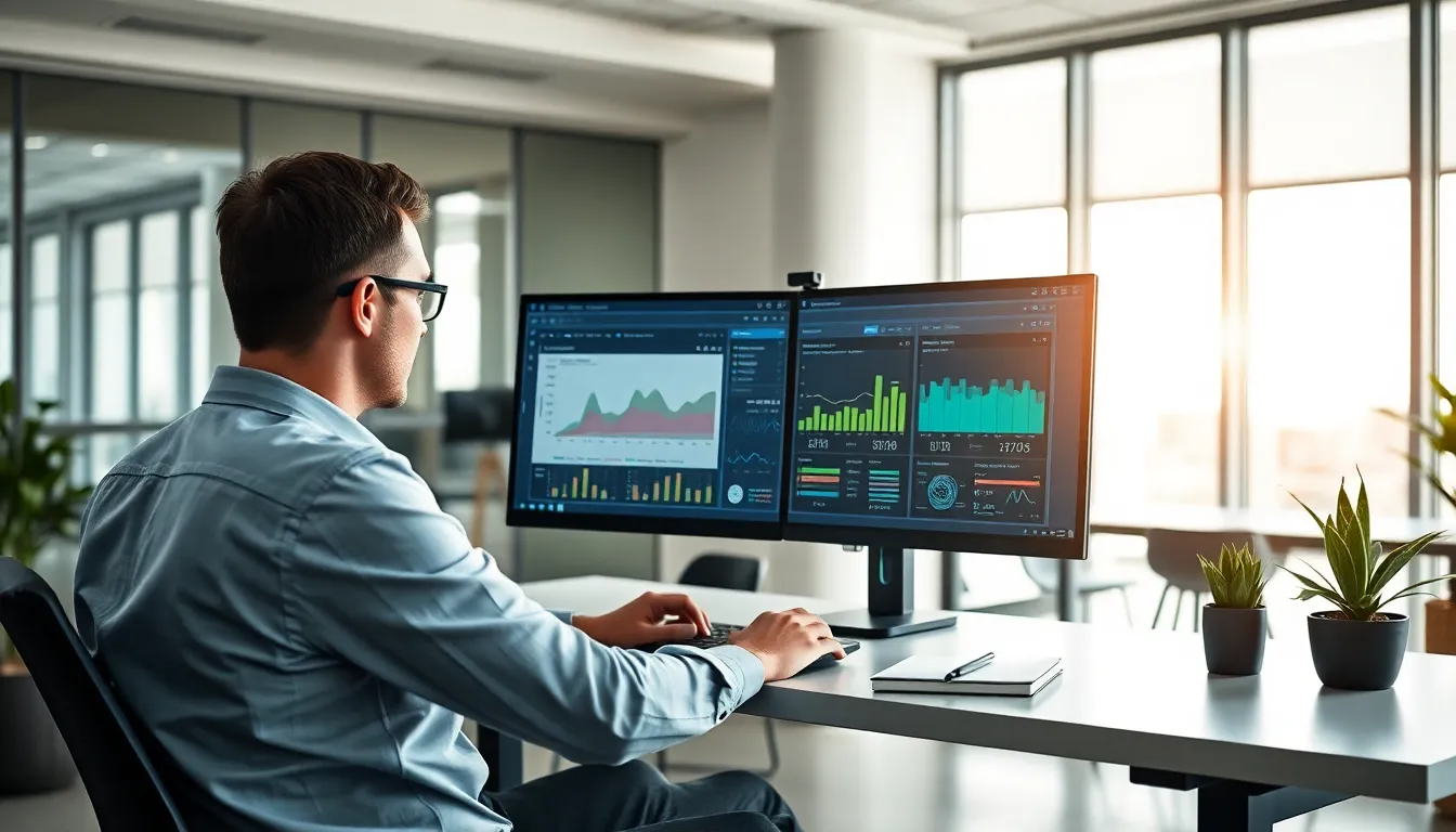 professional configuring dual monitors for GPU scheduling in a modern office.