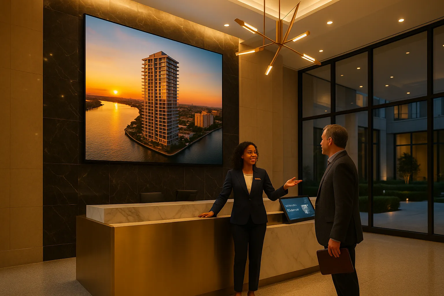 Luxury apartment lobby with a large digital display showing property footage at reception.