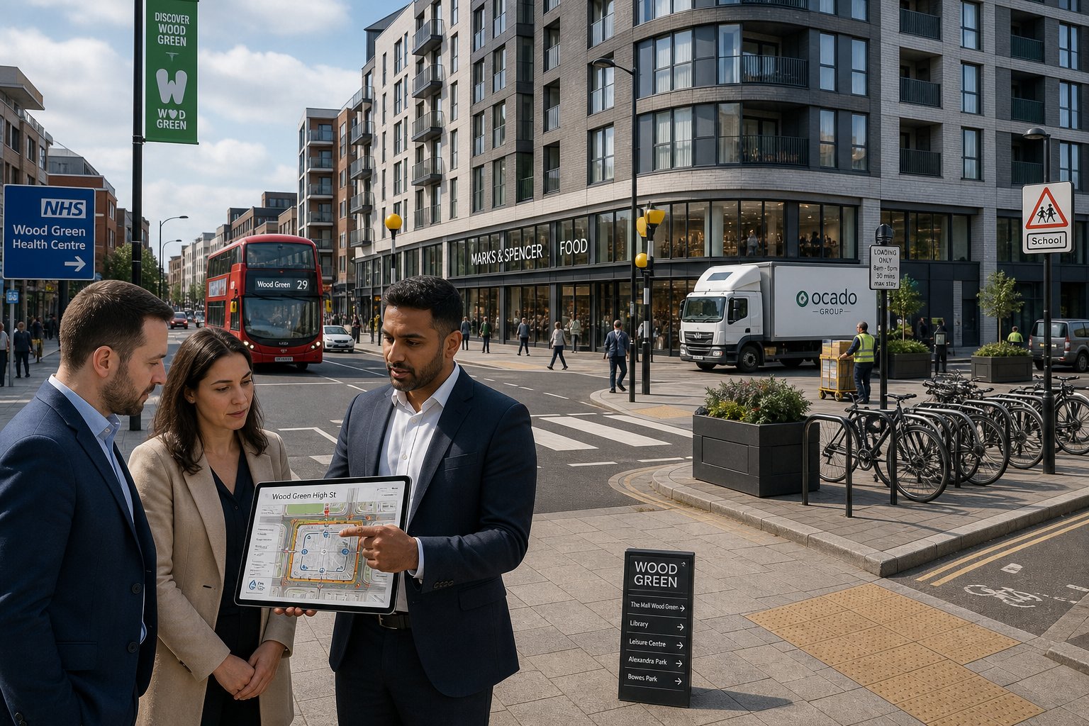 Traffic engineer assessing access and parking on a busy Wood Green street.