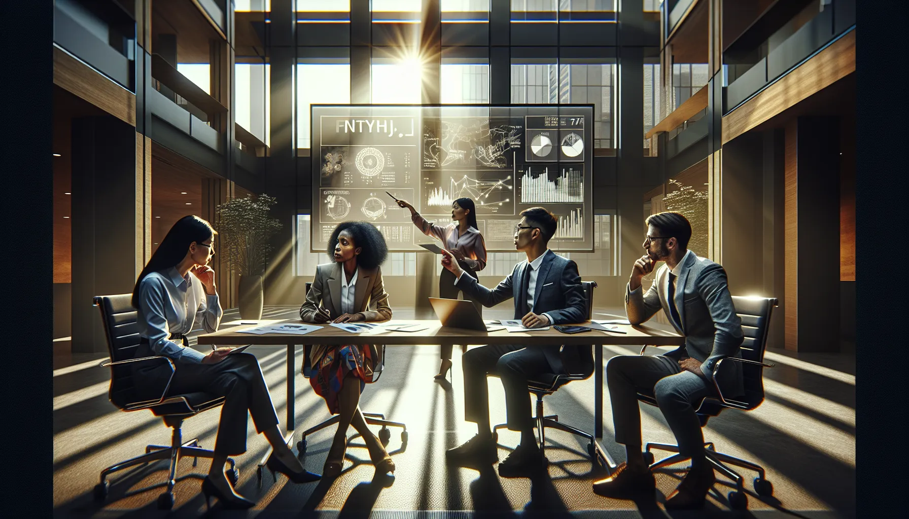 diverse professionals discussing challenges of fnthyj in a modern office.