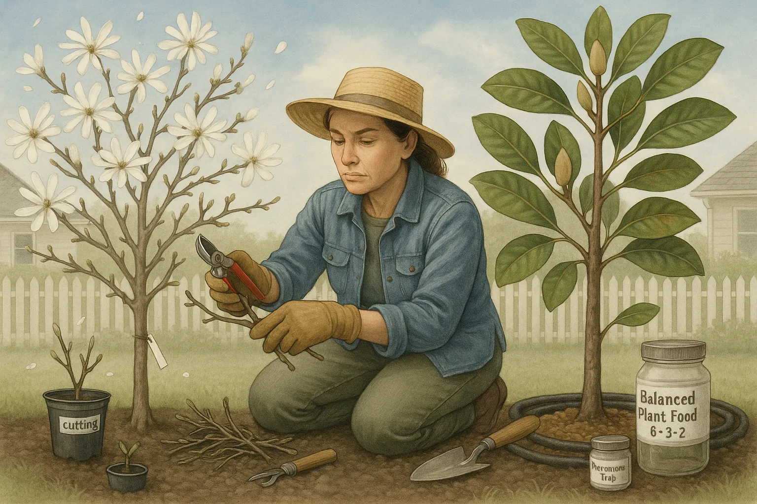 Gardener pruning a flowering star magnolia beside a budding kobus magnolia.