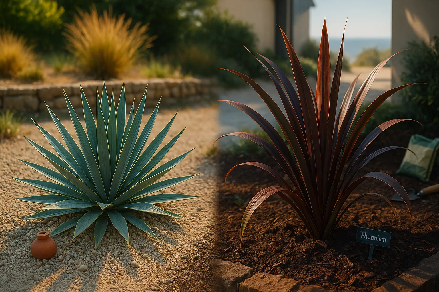 Yucca in gravelly soil beside a phormium in mulched loam, garden comparison.