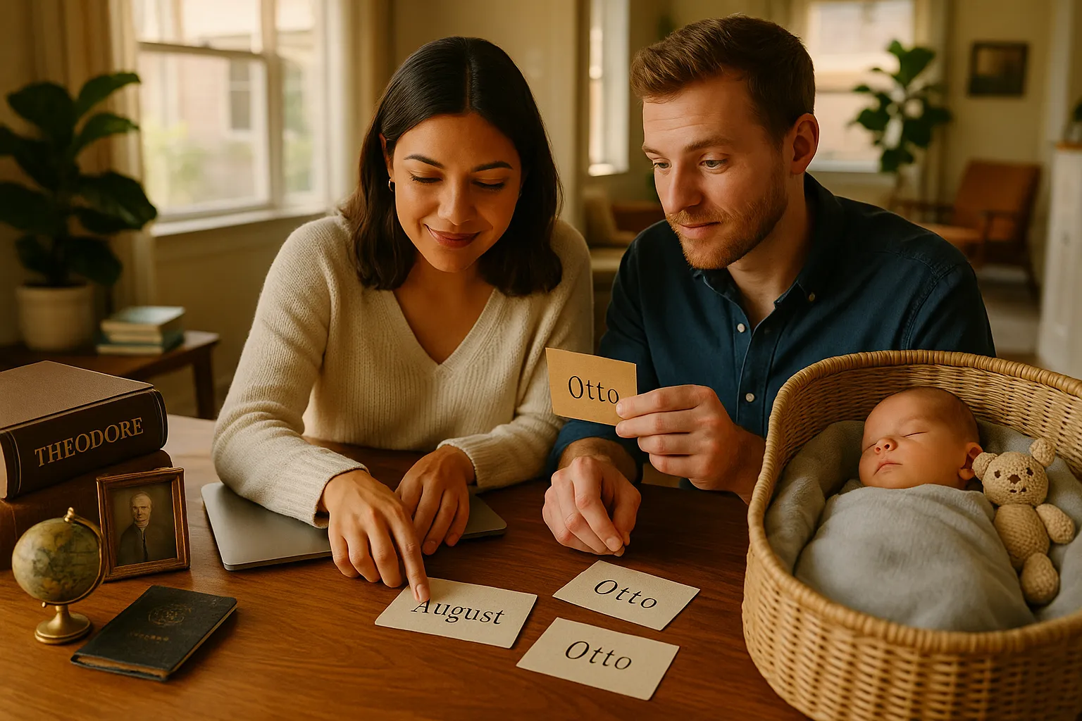 Couple examining baby-name cards with baby, teddy, book, globe on table.