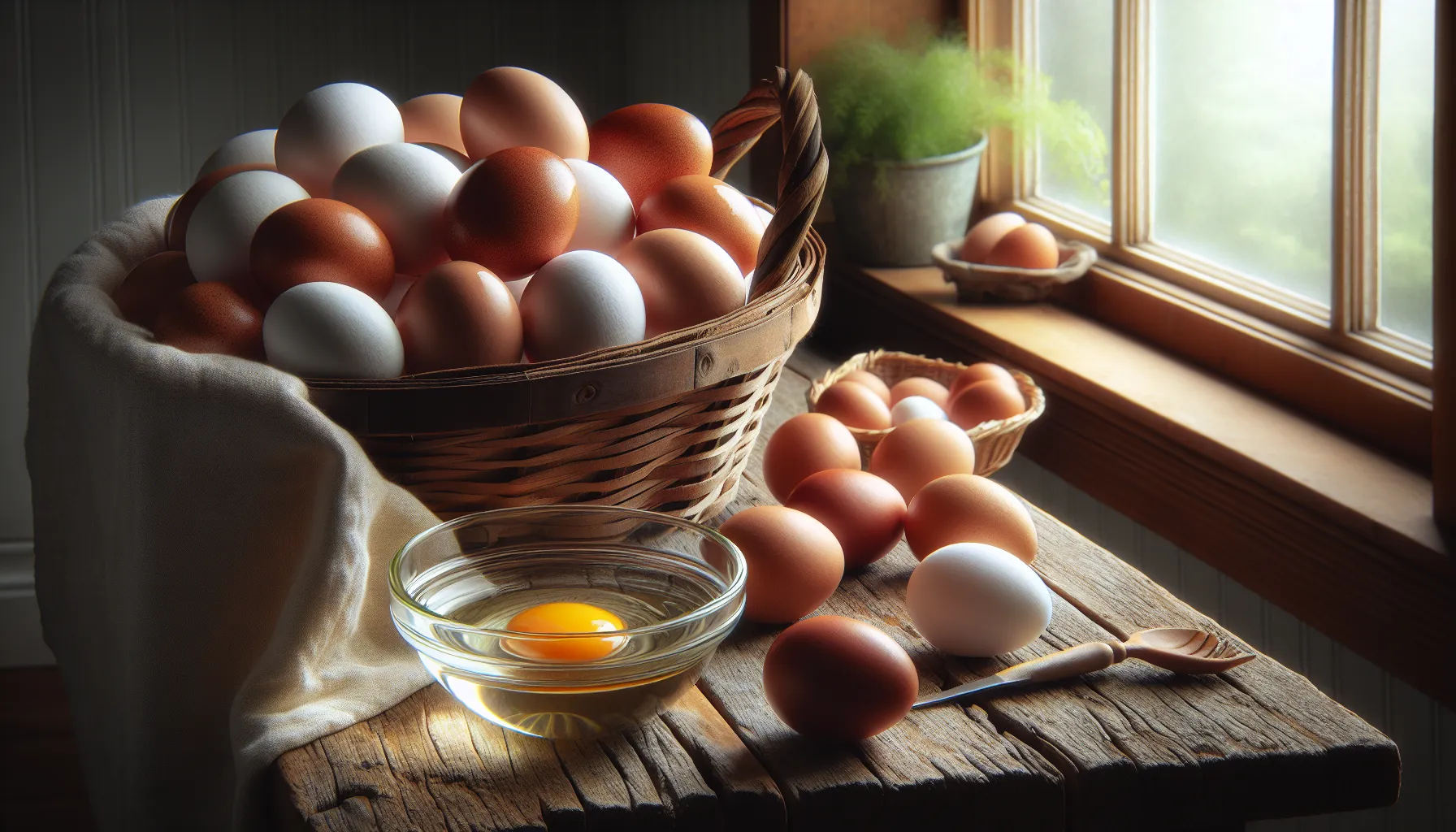 a basket of brown and white eggs on a kitchen countertop.
