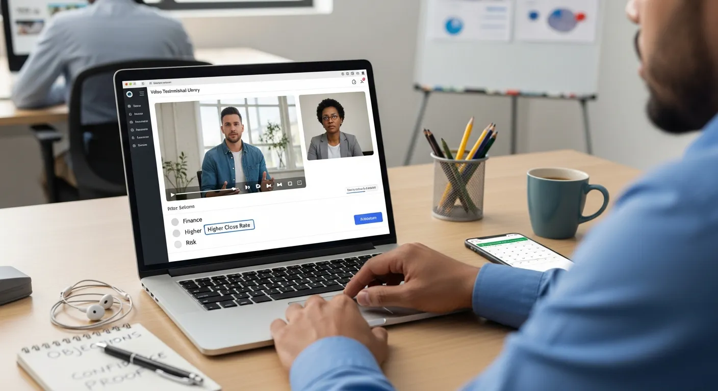 Financial advisor using a video testimonial library on Zoom to convince a prospect.