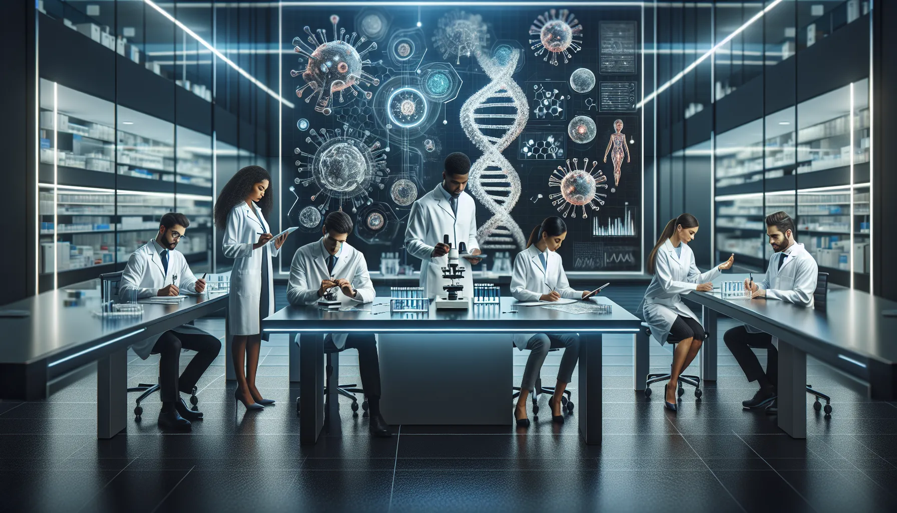 diverse health professionals collaborating in a modern research lab.