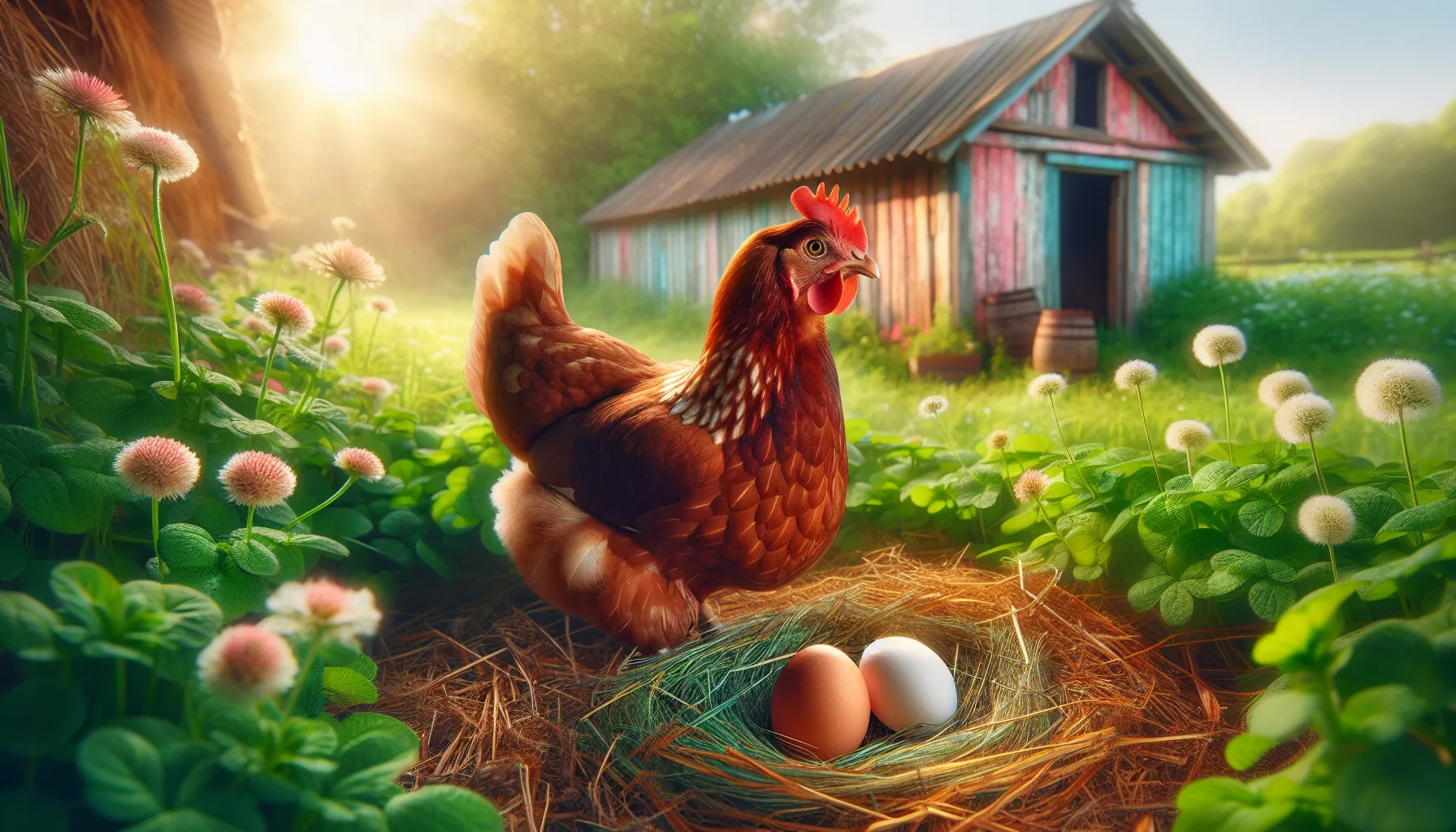 A Rhode Island Red hen with brown and white eggs in a sunny farmyard.