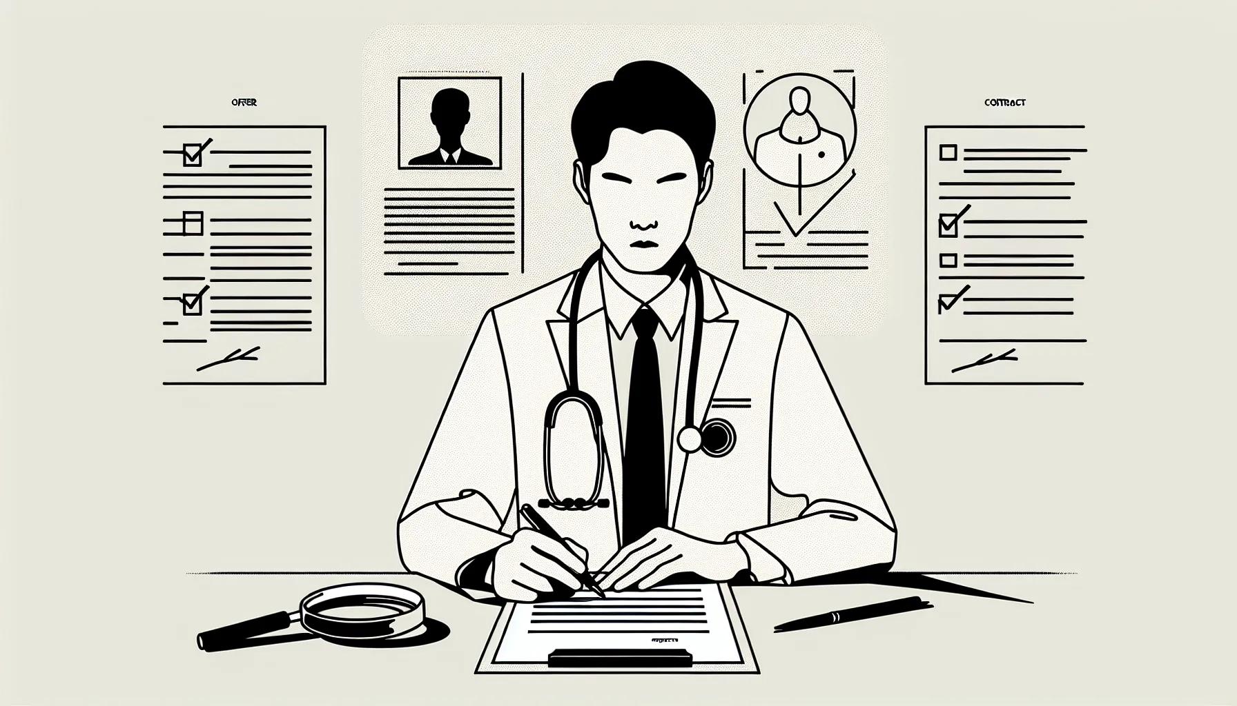 Physician comparing an offer letter and contract with magnifying glass of Common Physician Contract Mistakes.
