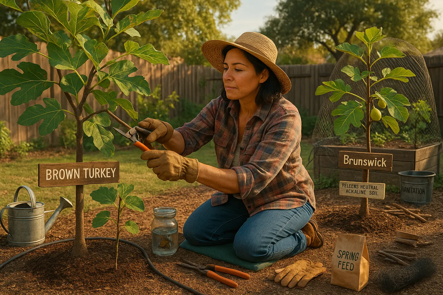 Gardener pruning labeled Brown Turkey and Brunswick fig trees in a sunny backyard.