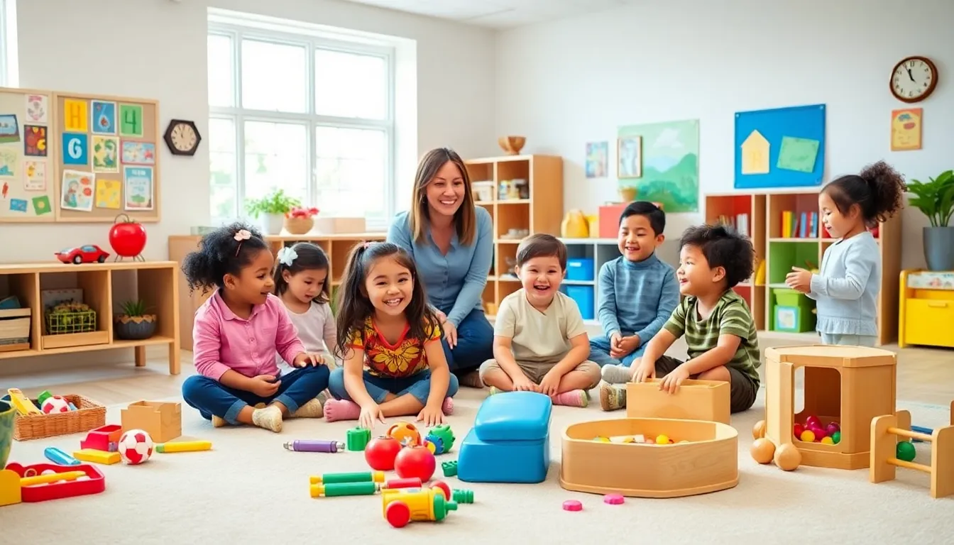 children engaged in creative play in a bright preschool classroom.
