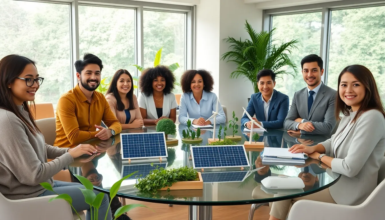 diverse professionals in a modern office discussing sustainable living.
