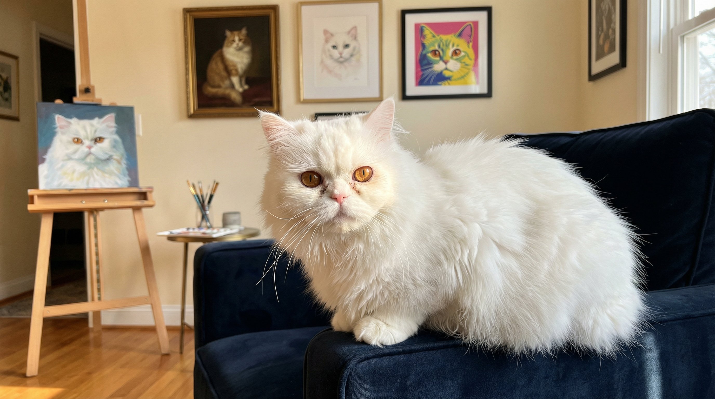 White Persian cat sitting on a dark velvet chair with framed portraits behind.