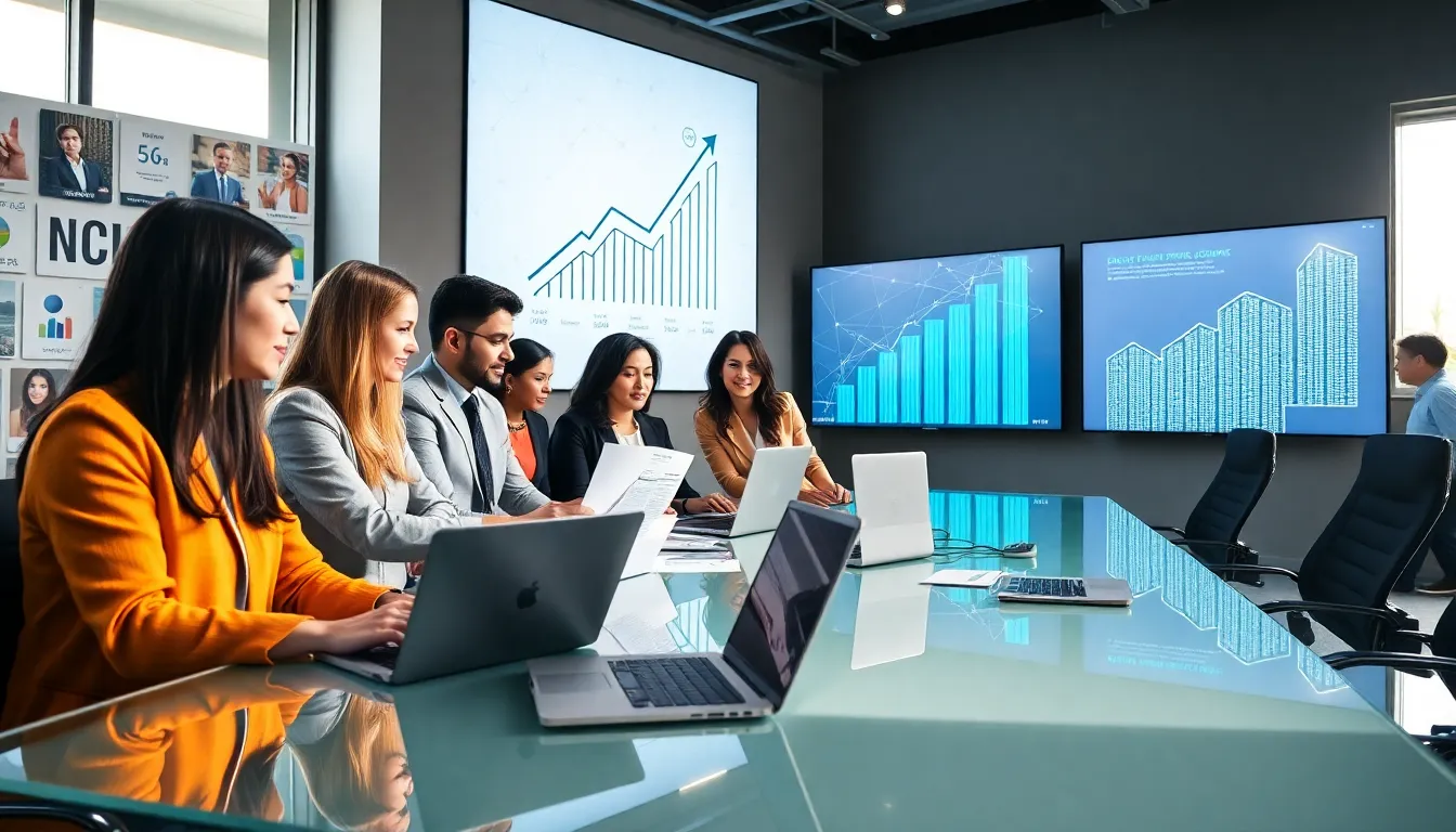 diverse team discussing smart shopping campaign strategies in a modern office.