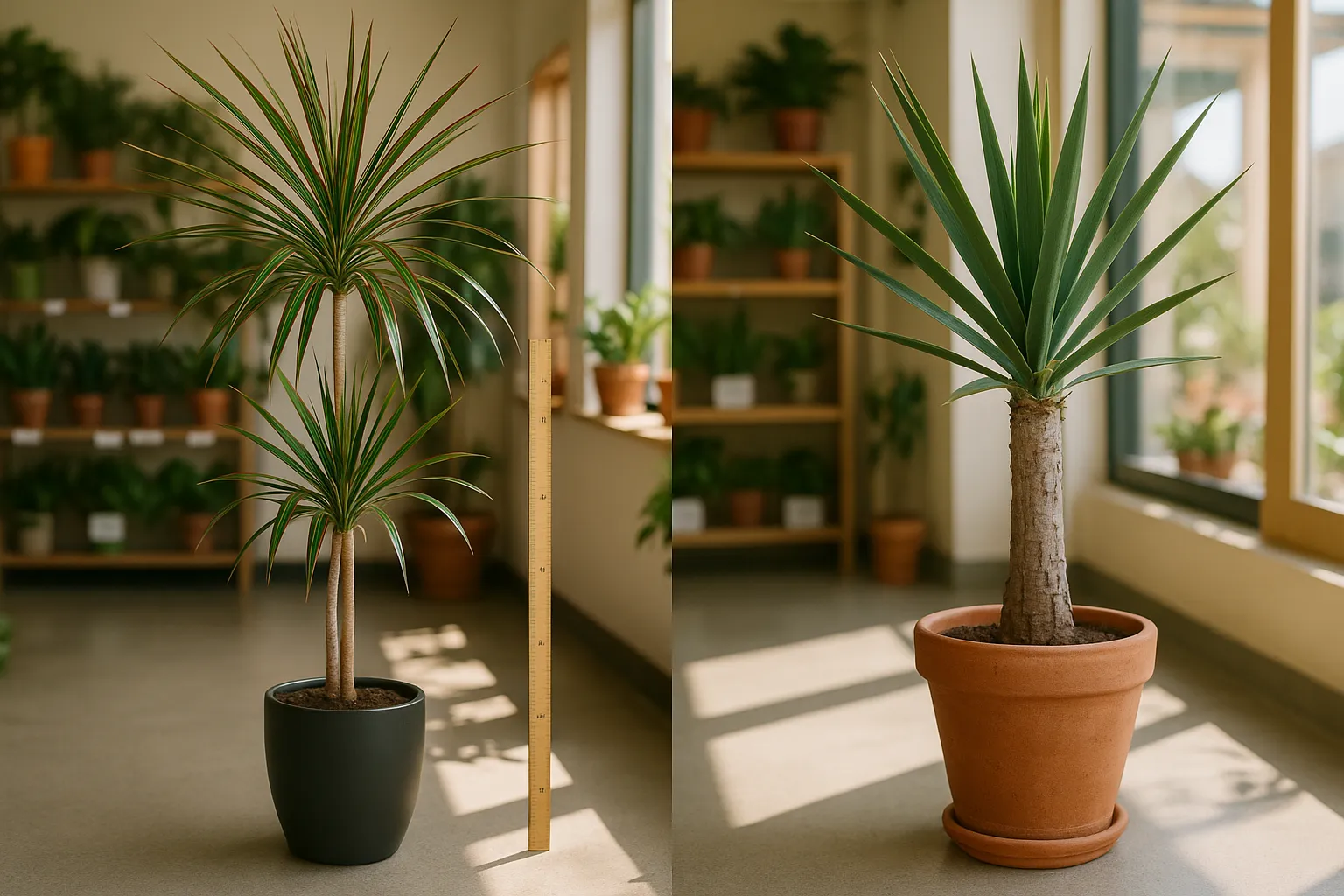 Side-by-side Dracaena marginata and Yucca elephantipes in pots, highlighting leaf and trunk differences.
