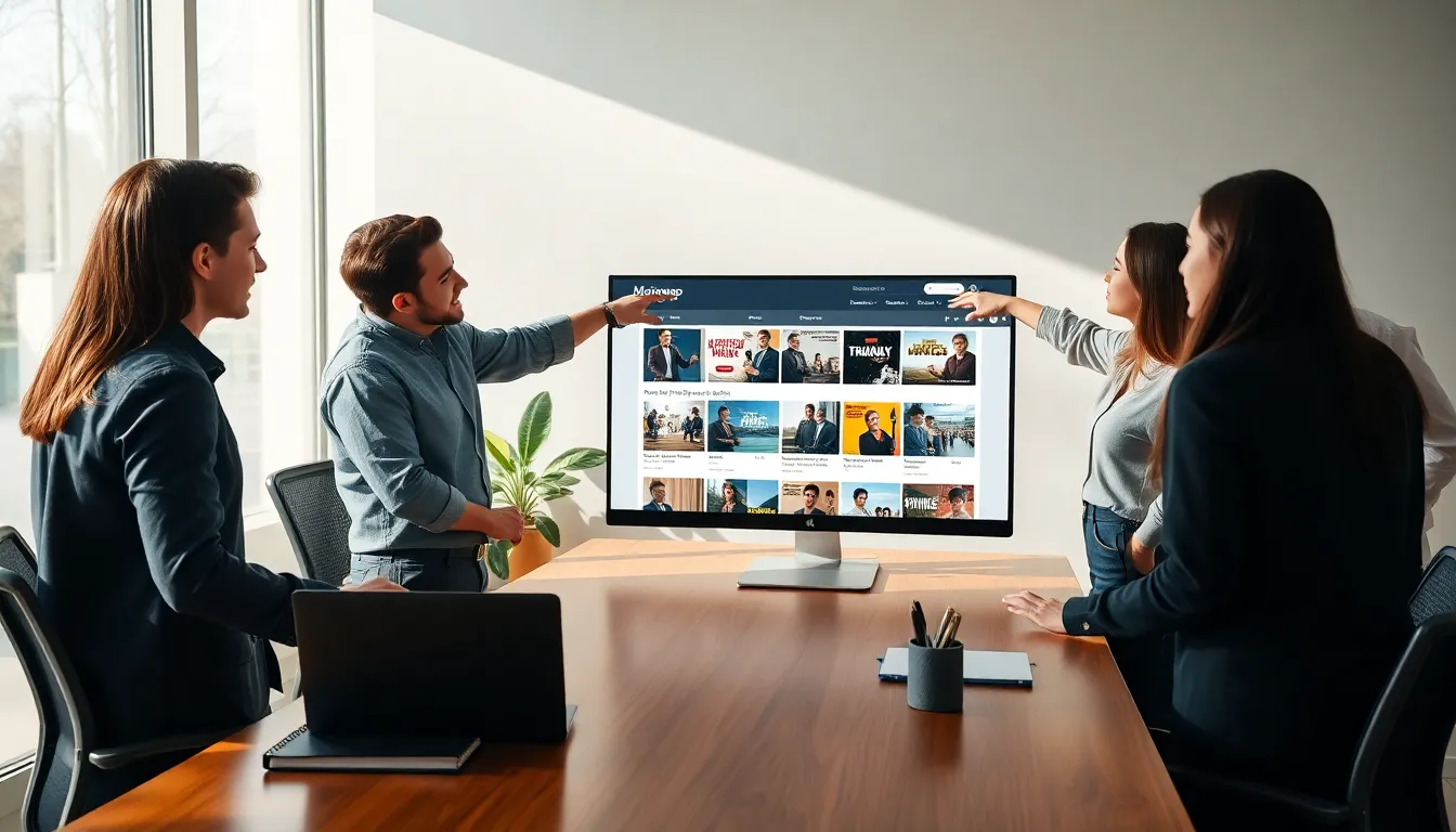 professionals discussing film options on a computer in a modern office.