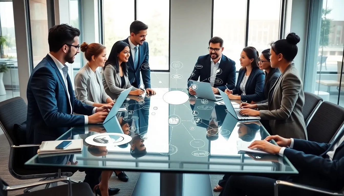 diverse professionals collaborating in a modern office setting.