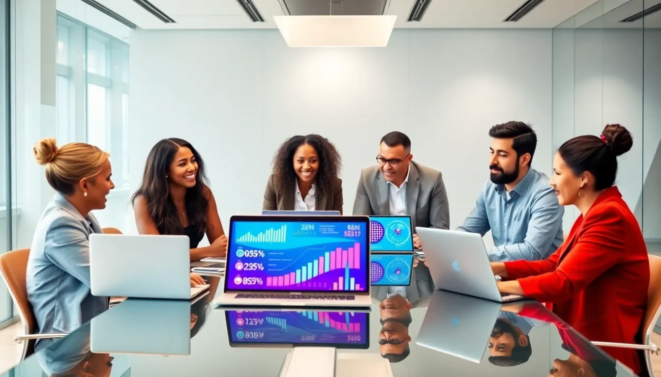 diverse team collaborating on digital marketing strategies in a modern office.