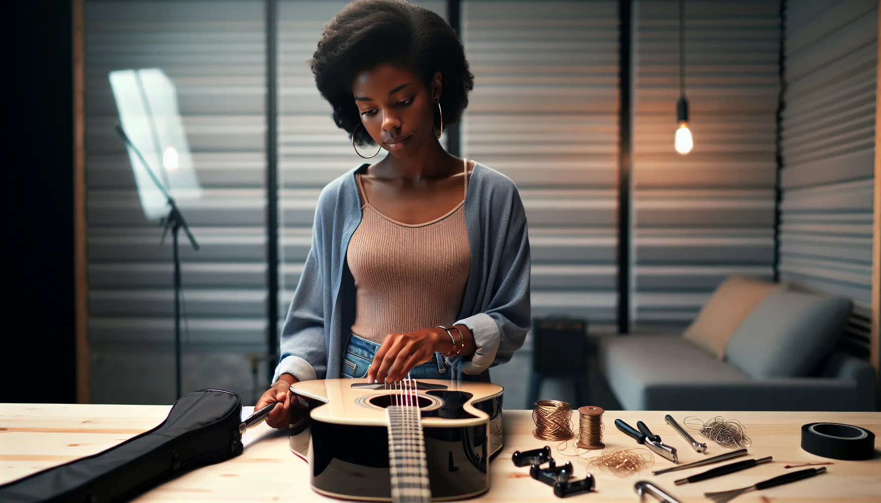 guitarist inspecting strings in a modern music studio.